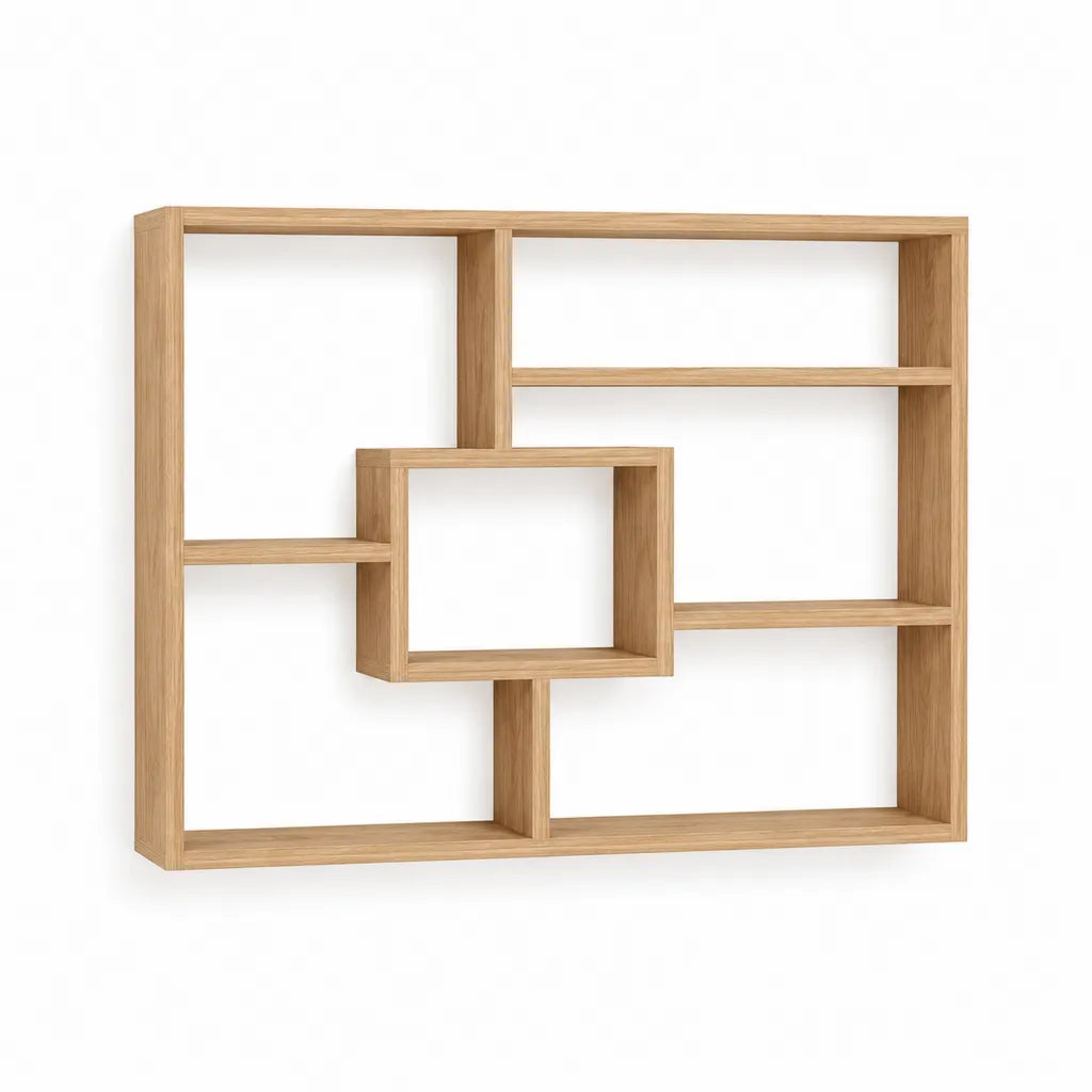 Etagere murale rectangulaire en MDF plaque chene naturel 100 x 100 x 20 cm avec cube central