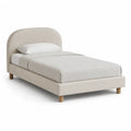 Lit une place 90 x 190 cm avec cadre rembourre en polyester beige et tete de lit arrondie