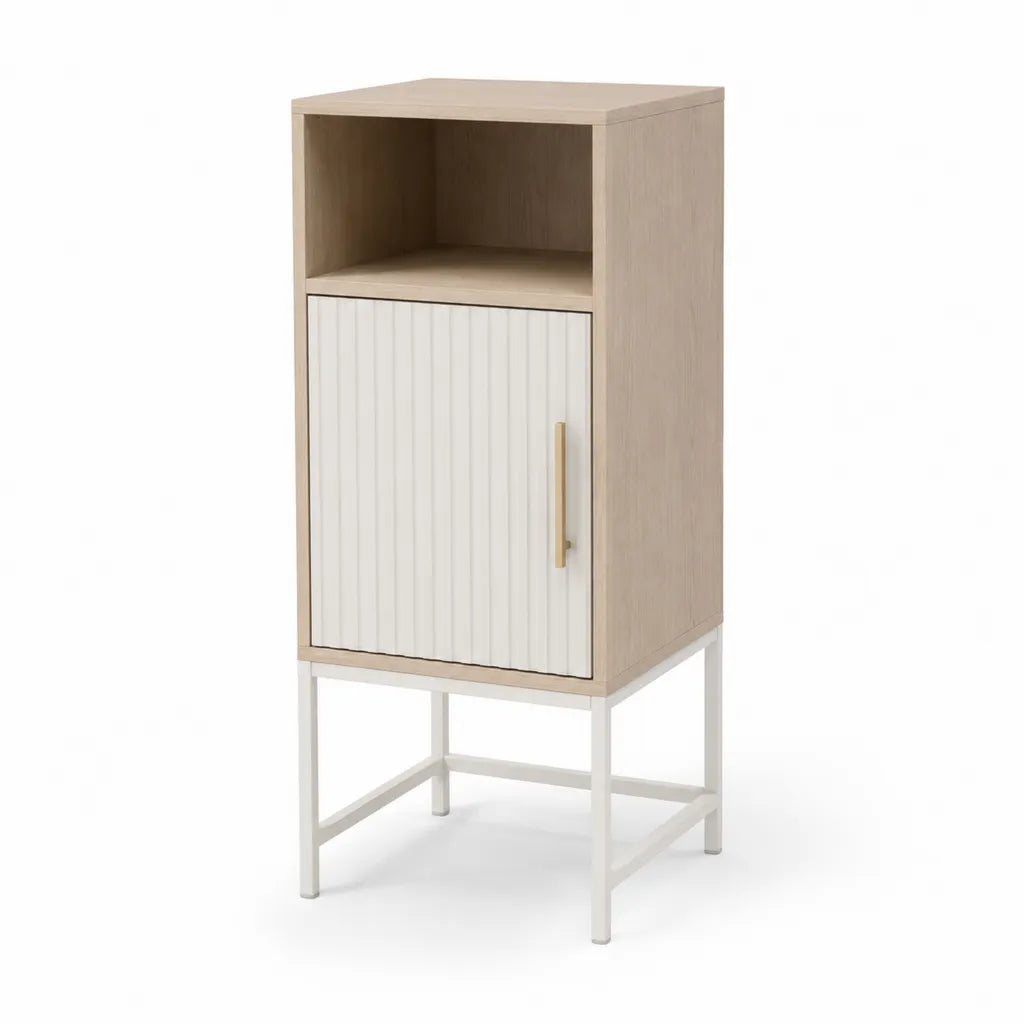 Table de chevet haute avec rangement 40 x 35 x 80 cm en panneaux de particules blanc et chene clair