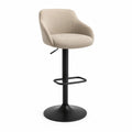 Tabouret de bar reglable pivotant a accoudoirs en polyester beige avec pied rond en acier noir 54 x 56 x 90-112 cm