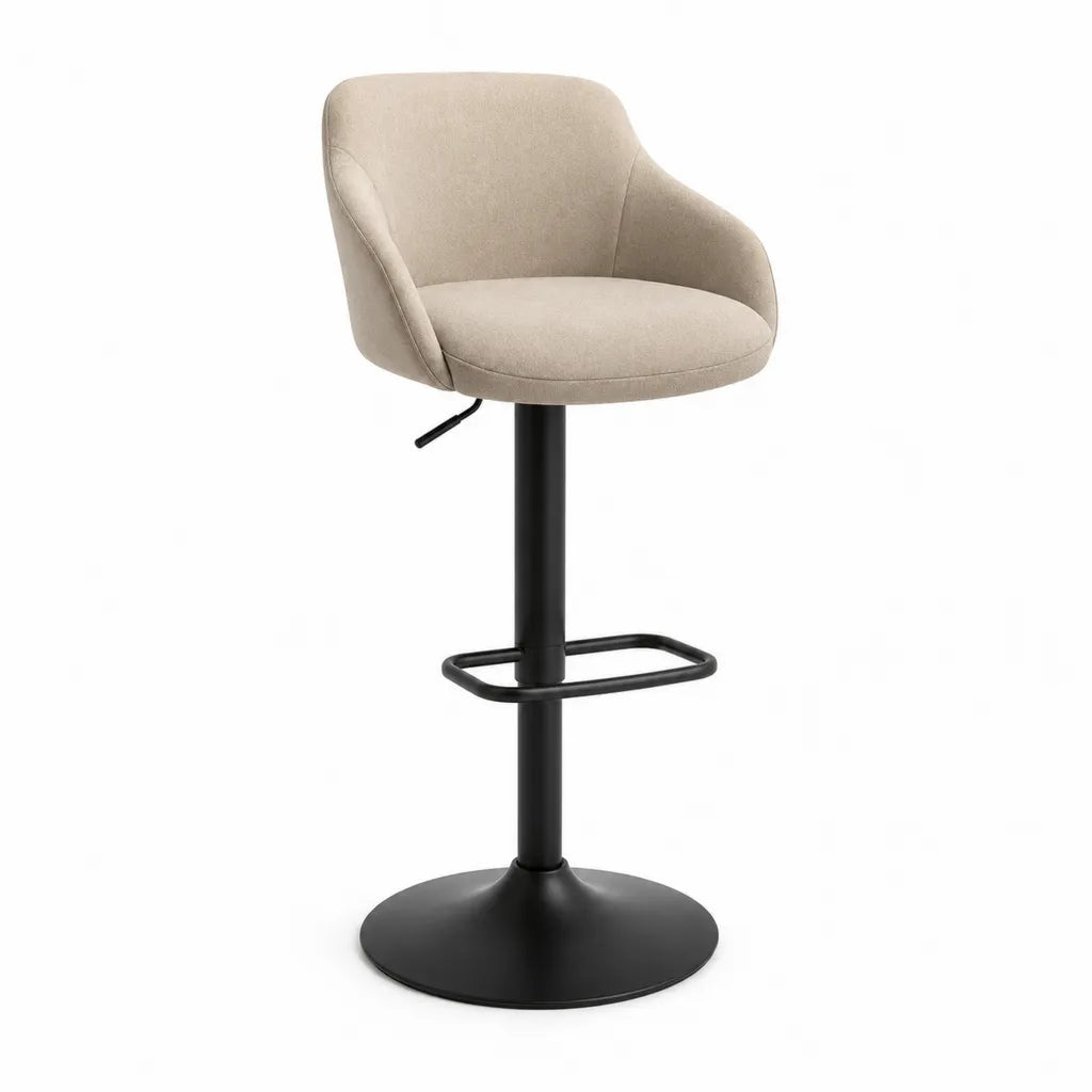 Tabouret de bar reglable pivotant a accoudoirs en polyester beige avec pied rond en acier noir 54 x 56 x 90-112 cm