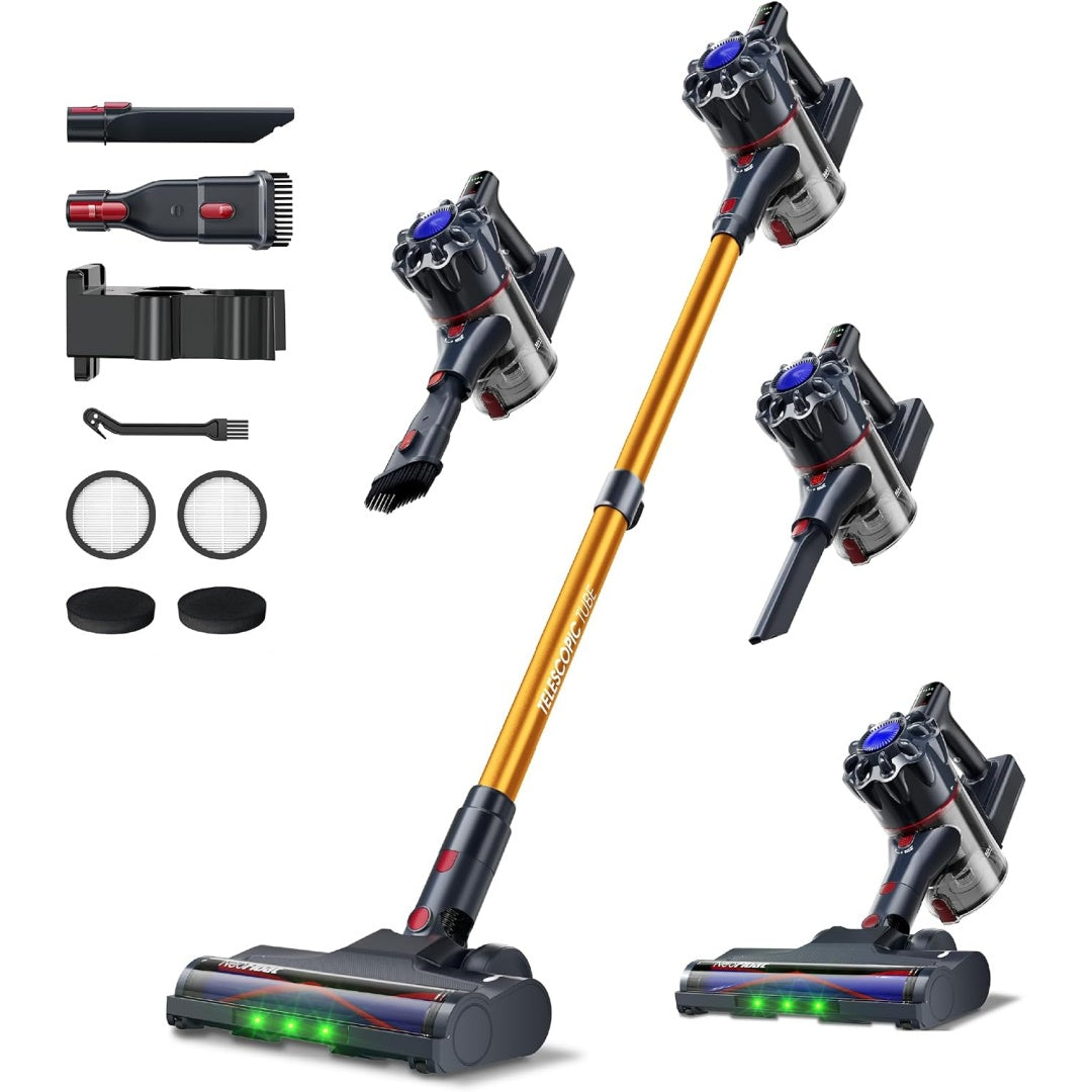 Aspirateur vertical associant une filtration des particules fines au coloris dore