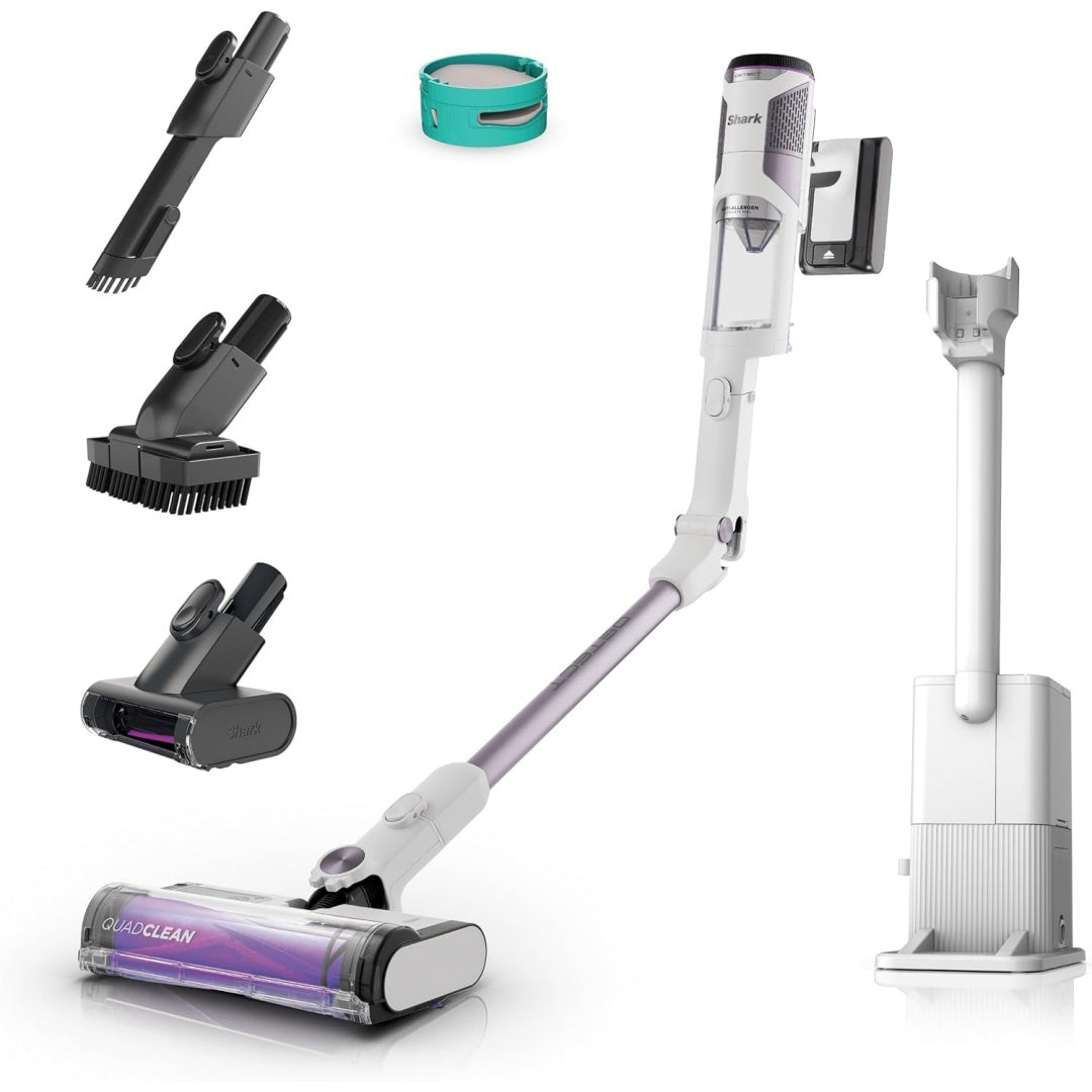 Aspirateur balai, coloris gris et blanc, avec une brosse anti emmelement
