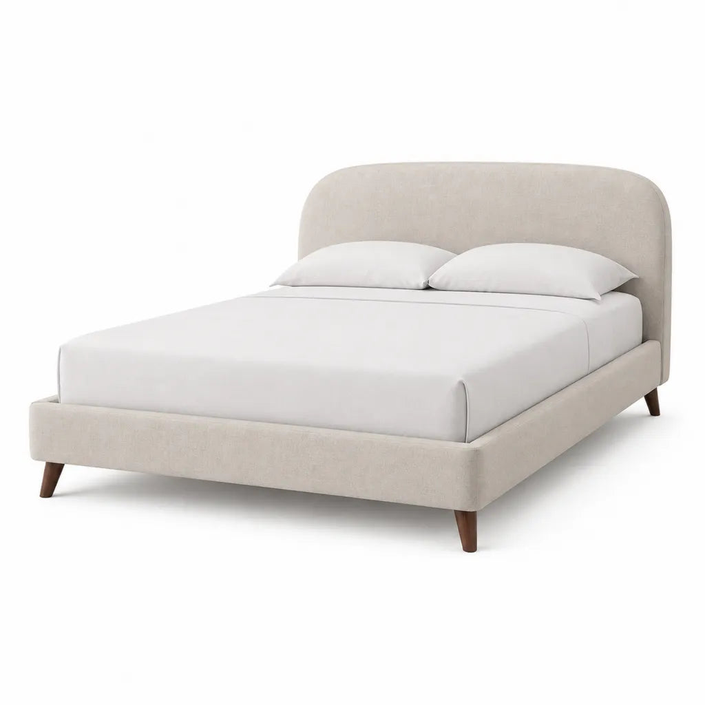 Lit double avec cadre de lit 160 x 200 cm en polyester beige tete de lit arrondie pieds en hevea