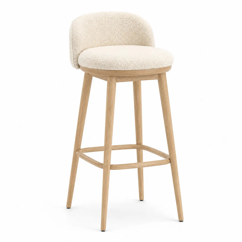 Tabouret de bar avec dossier en polyester boucle creme pieds en chene massif 46 x 50 x 95 cm
