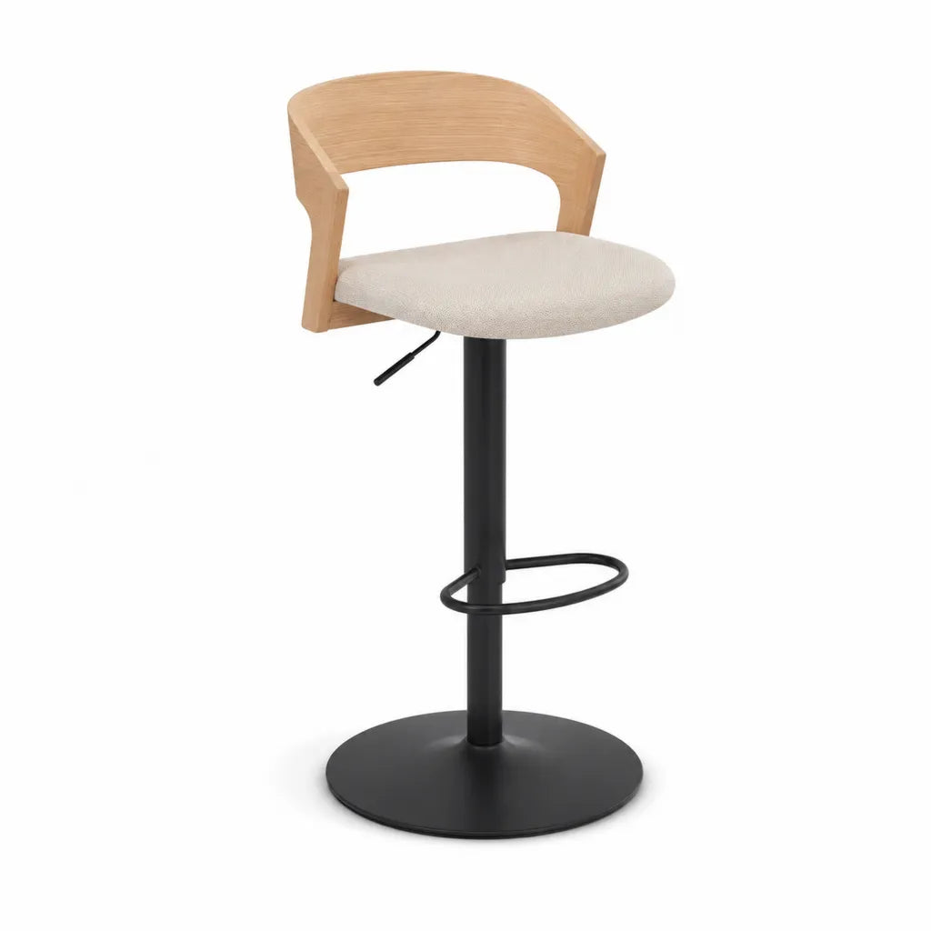Tabouret de bar reglable avec dossier arrondi en contreplaque plaque chene et assise en polyester beige 50 x 52 x 88-108 cm
