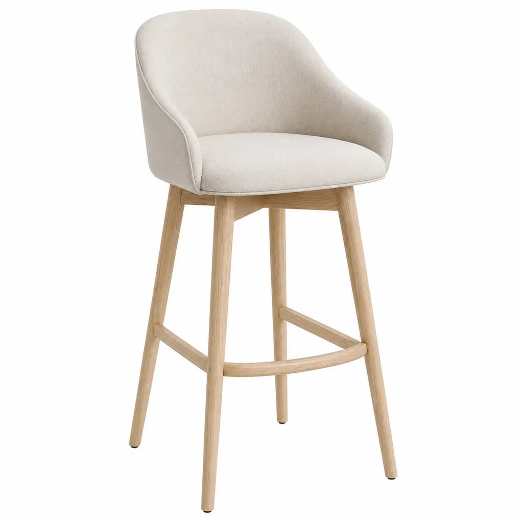 Tabouret de bar avec accoudoirs en polyester beige pieds en chene massif assise arrondie 52 x 54 x 101 cm