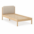 Cadre de lit simple 90 x 190 cm en bois massif d'hevea avec tete de lit rembourree beige