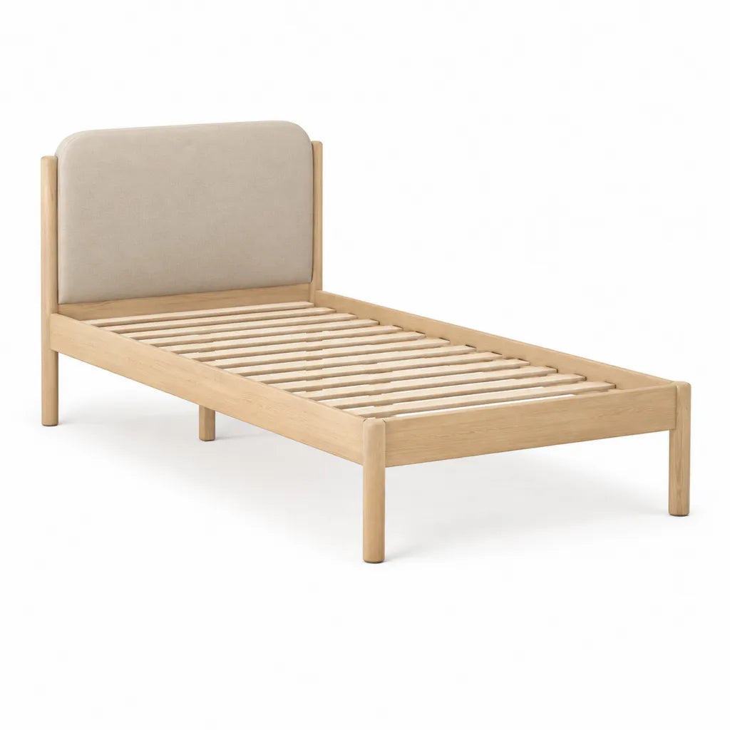 Cadre de lit simple 90 x 190 cm en bois massif d'hevea avec tete de lit rembourree beige