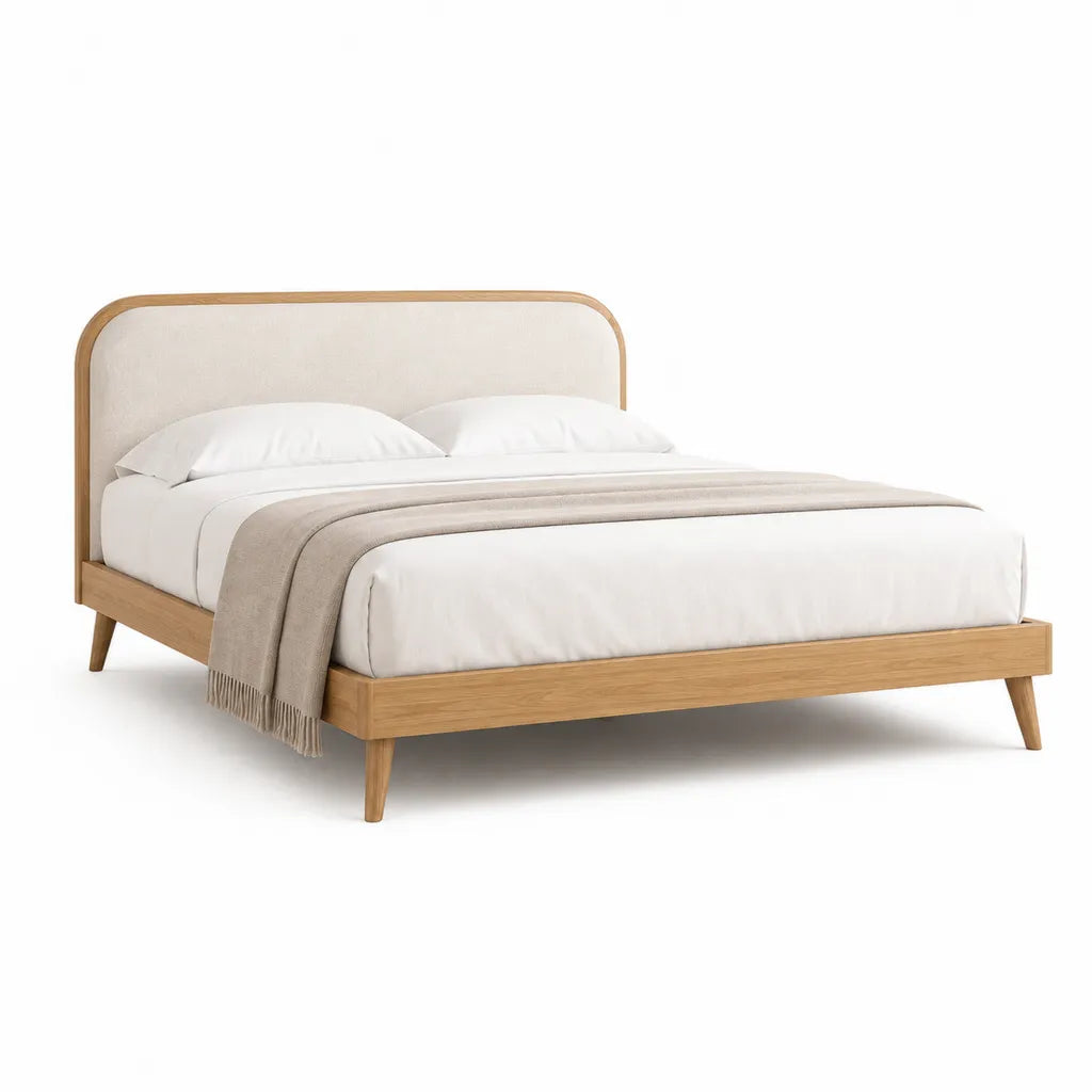 Cadre de lit double 160 x 200 cm en hevea massif avec tete de lit arrondie en polyester blanc casse chene naturel