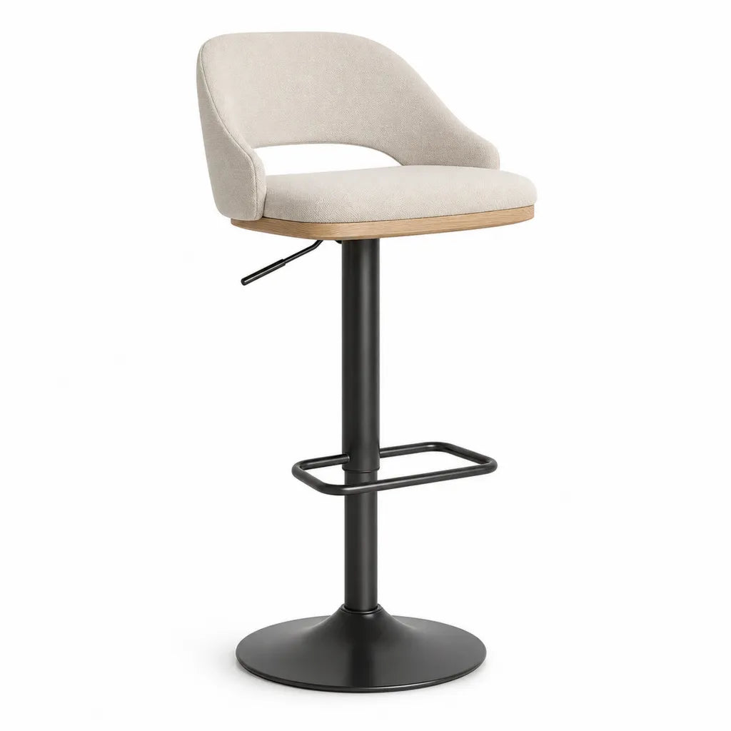 Tabouret de bar reglable avec accoudoirs en polyester beige et acier noir 54 x 54 x 94-116 cm