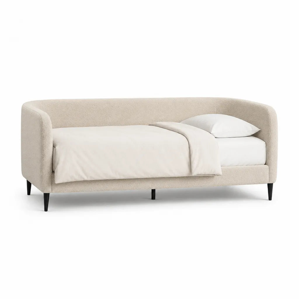 Lit banquette 1 place 90 x 190 cm en polyester boucle creme avec pieds en acier noir