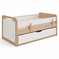 Lit enfant rectangulaire avec barriere et tiroir 70 x 140 cm en contreplaque de bouleau blanc et naturel