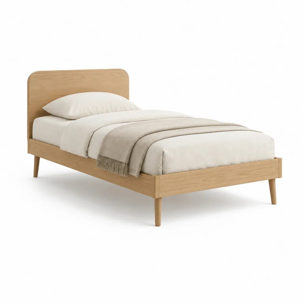 Lit 1 place avec cadre en MDF finition chene clair 90 x 190 cm tete de lit arrondie