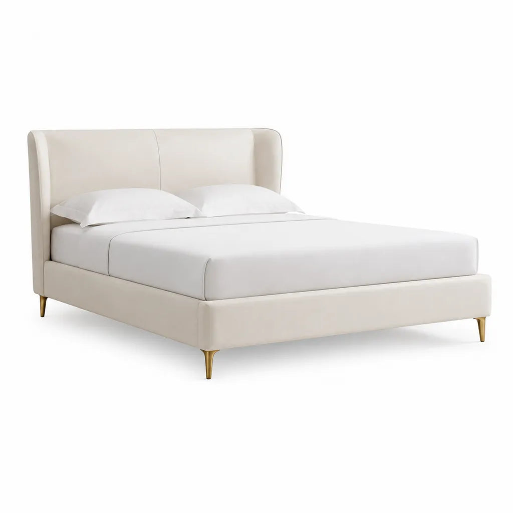 Lit double 160 x 200 cm en similicuir PU ivoire avec tete de lit incurvee et pieds dores