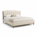 Lit double capitonne 160 x 200 cm en polyester beige avec cadre en bois massif