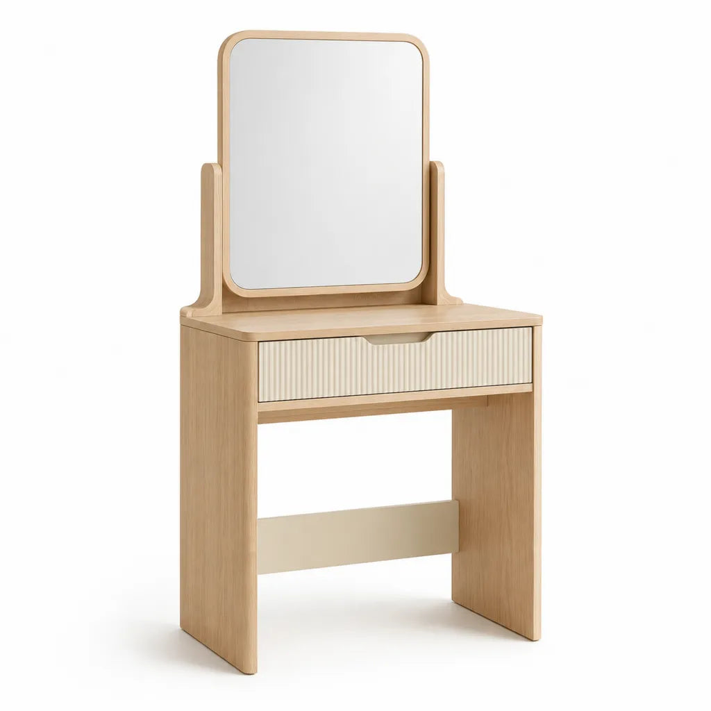Coiffeuse avec miroir rectangulaire et tiroir 80 x 45 x 145 cm MDF decor chene clair