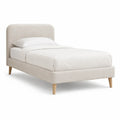 Lit simple capitonne 90 x 190 cm en polyester ecru avec pieds en hevea massif