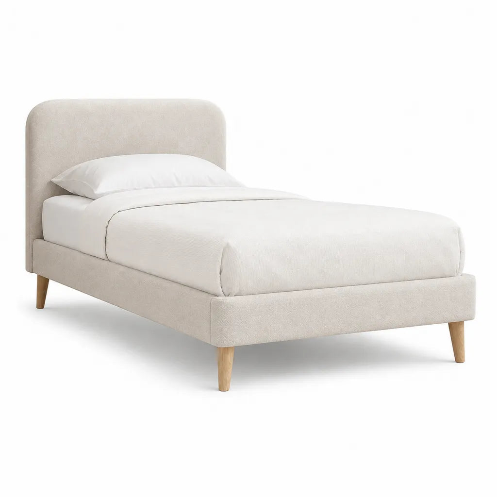 Lit simple capitonne 90 x 190 cm en polyester ecru avec pieds en hevea massif