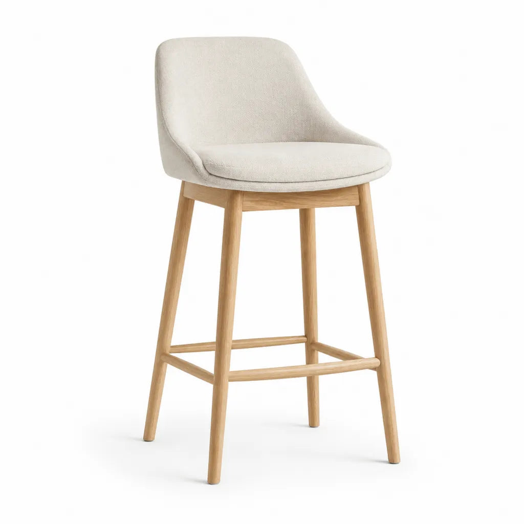Tabouret de bar a dossier arrondi en polyester creme et hevea massif naturel 52 x 54 x 103 cm