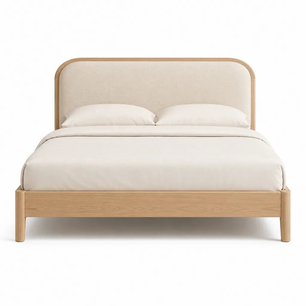 Lit double a tete de lit arrondie 160 x 200 cm en chene naturel et polyester beige