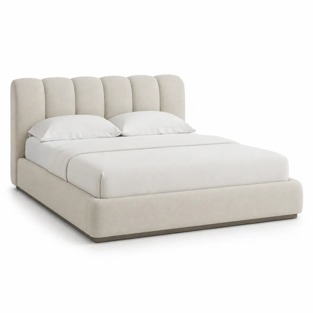 Lit double capitonne 160 x 200 cm en polyester beige avec tete de lit arrondie
