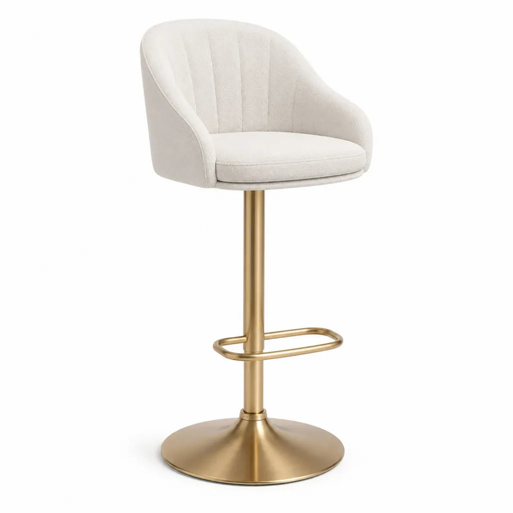 Tabouret de bar reglable avec accoudoirs en polyester creme et acier dore 48 x 52 x 93-114 cm