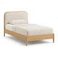Cadre de lit simple 90 x 190 cm en chene clair avec tete de lit capitonnee beige