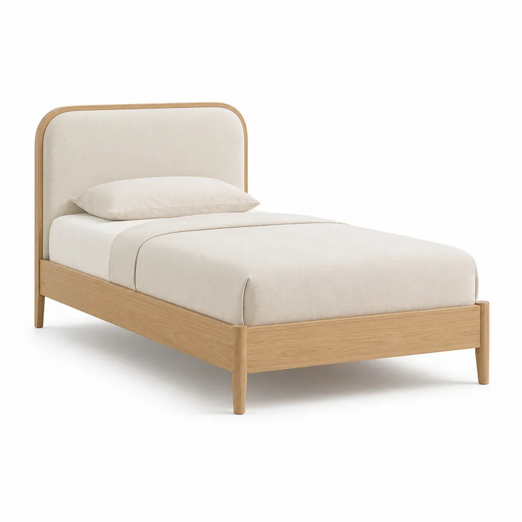 Cadre de lit simple 90 x 190 cm en chene clair avec tete de lit capitonnee beige