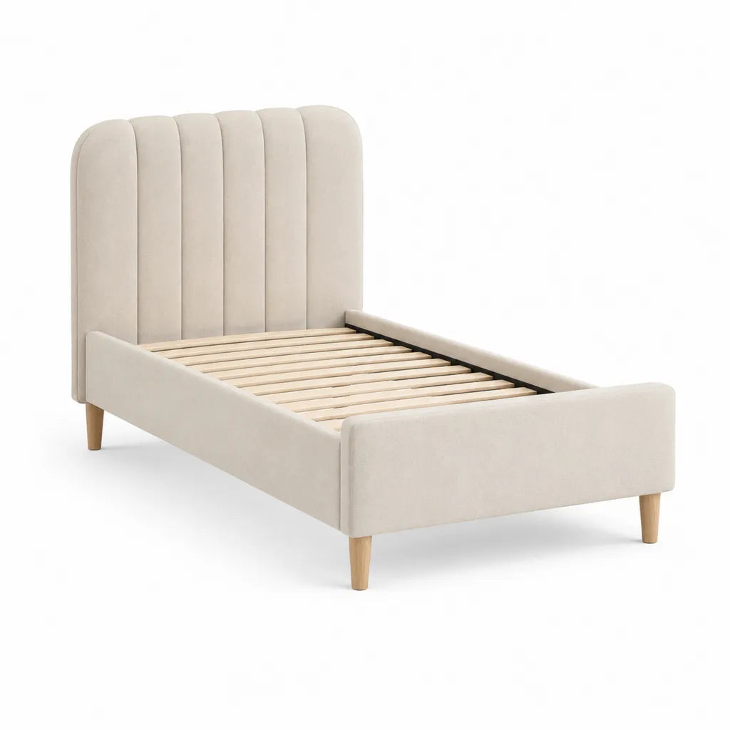 Lit une place avec cadre de lit 90 x 190 cm en polyester ecru avec tete de lit capitonnee arrondie