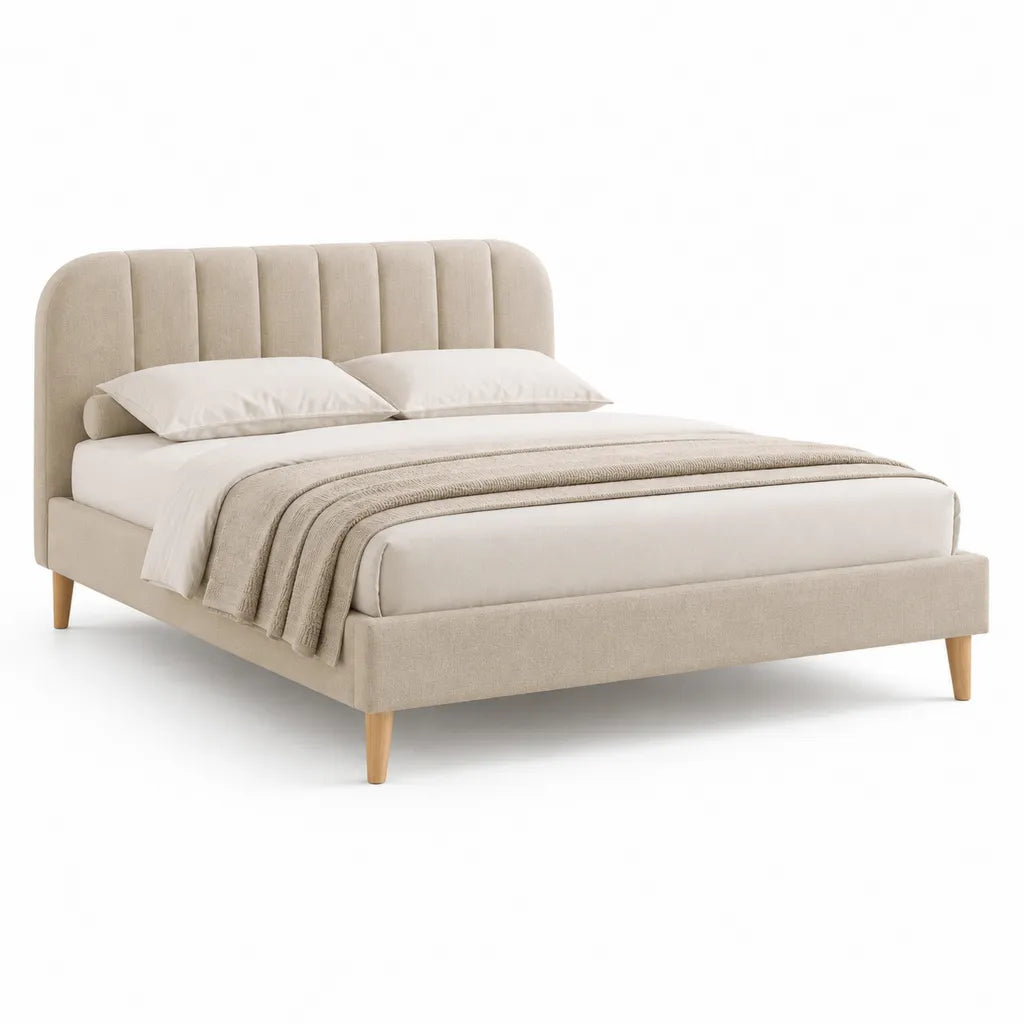 Lit double avec cadre capitonne en polyester beige couchage 160 x 200 cm