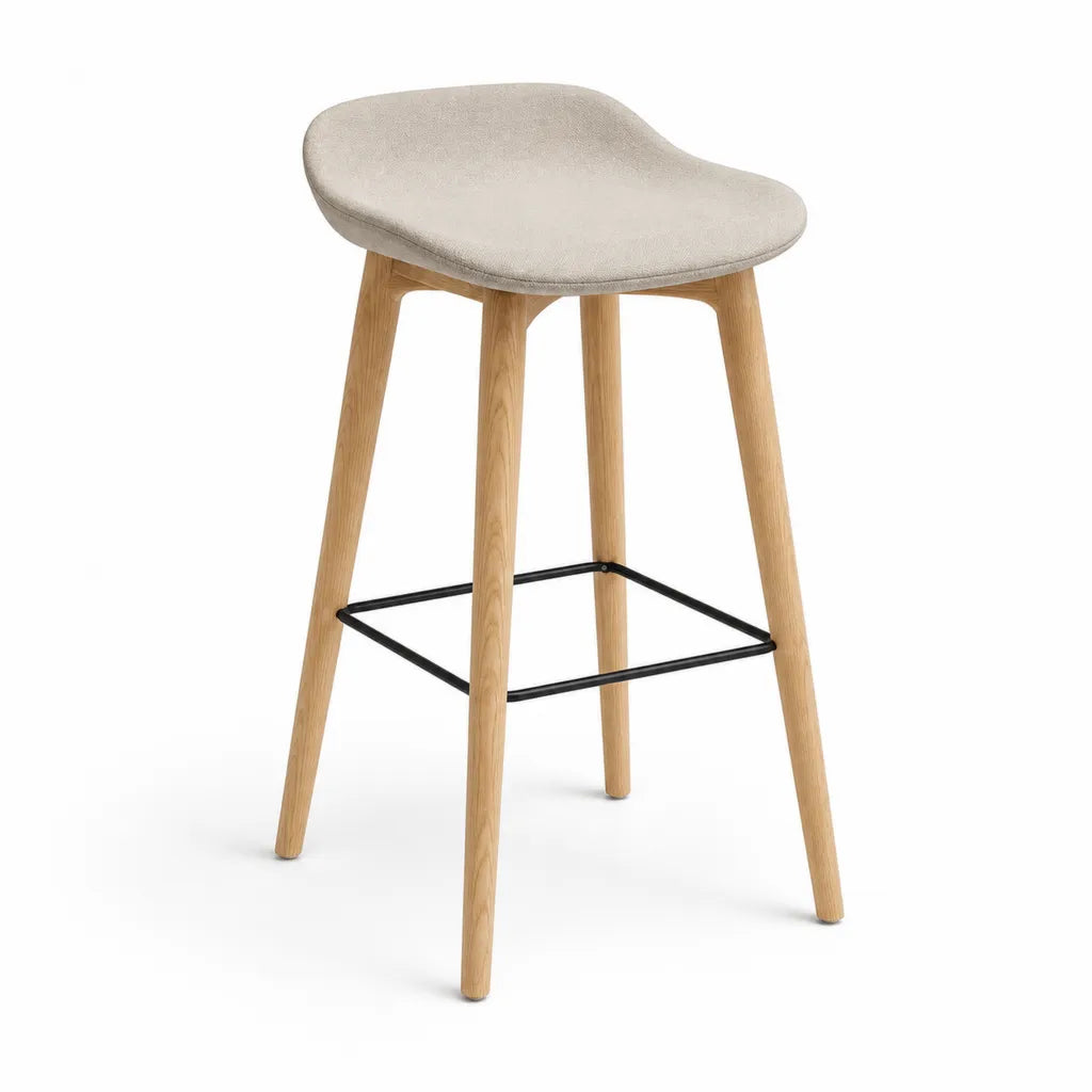 Tabouret de bar avec dossier arrondi en chene massif et polyester beige 50 x 48 x 97 cm