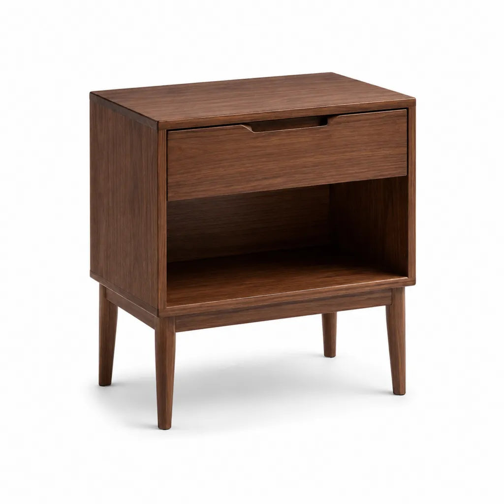Table de chevet 1 tiroir avec niche ouverte en MDF plaque noyer rectangulaire marron 45 x 40 x 60 cm