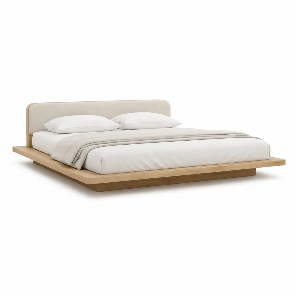 Lit plateforme 180 x 200 cm en bois massif d'hevea avec tete de lit rembourree rectangulaire beige et naturel