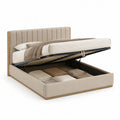 Lit coffre 160 x 200 cm en polyester beige avec tete de lit capitonnee
