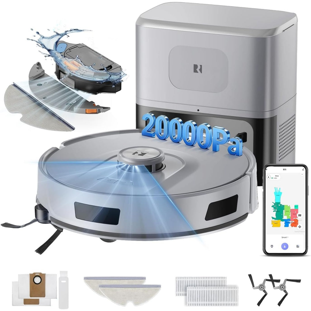Aspirateur robotise avec collecteur, coloris gris et blanc, avec une brosse anti emmelement