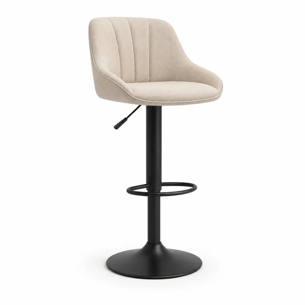 Tabouret de bar reglable avec accoudoirs en polyester beige et acier noir 52 x 55 x 88-110 cm