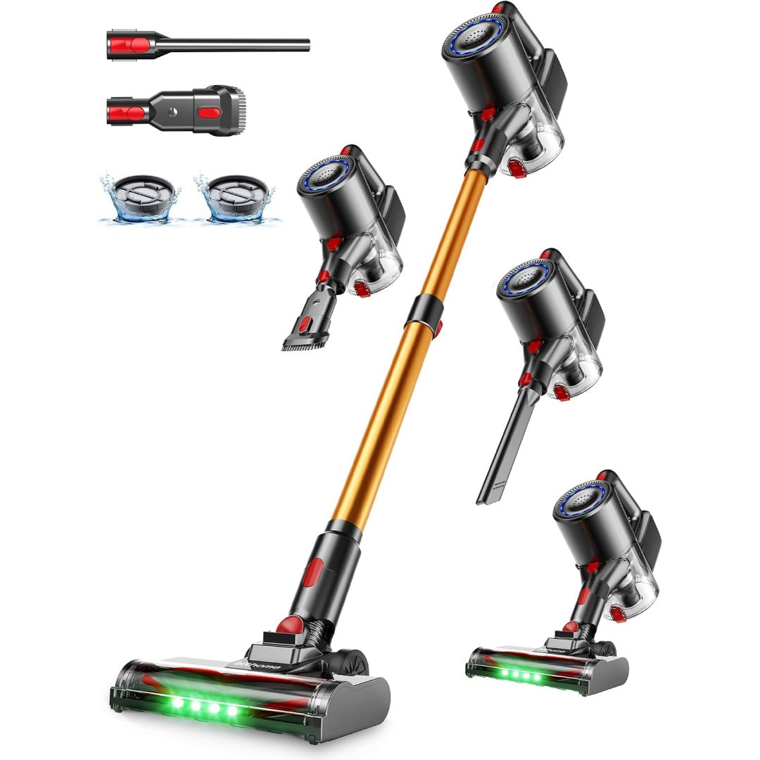 Cet aspirateur au format balai associe une puissance annoncee de 500 W et l'entretien des tapis