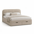 Lit double avec 2 tiroirs de rangement 160 x 200 cm en polyester beige a tete de lit capitonnee arrondie