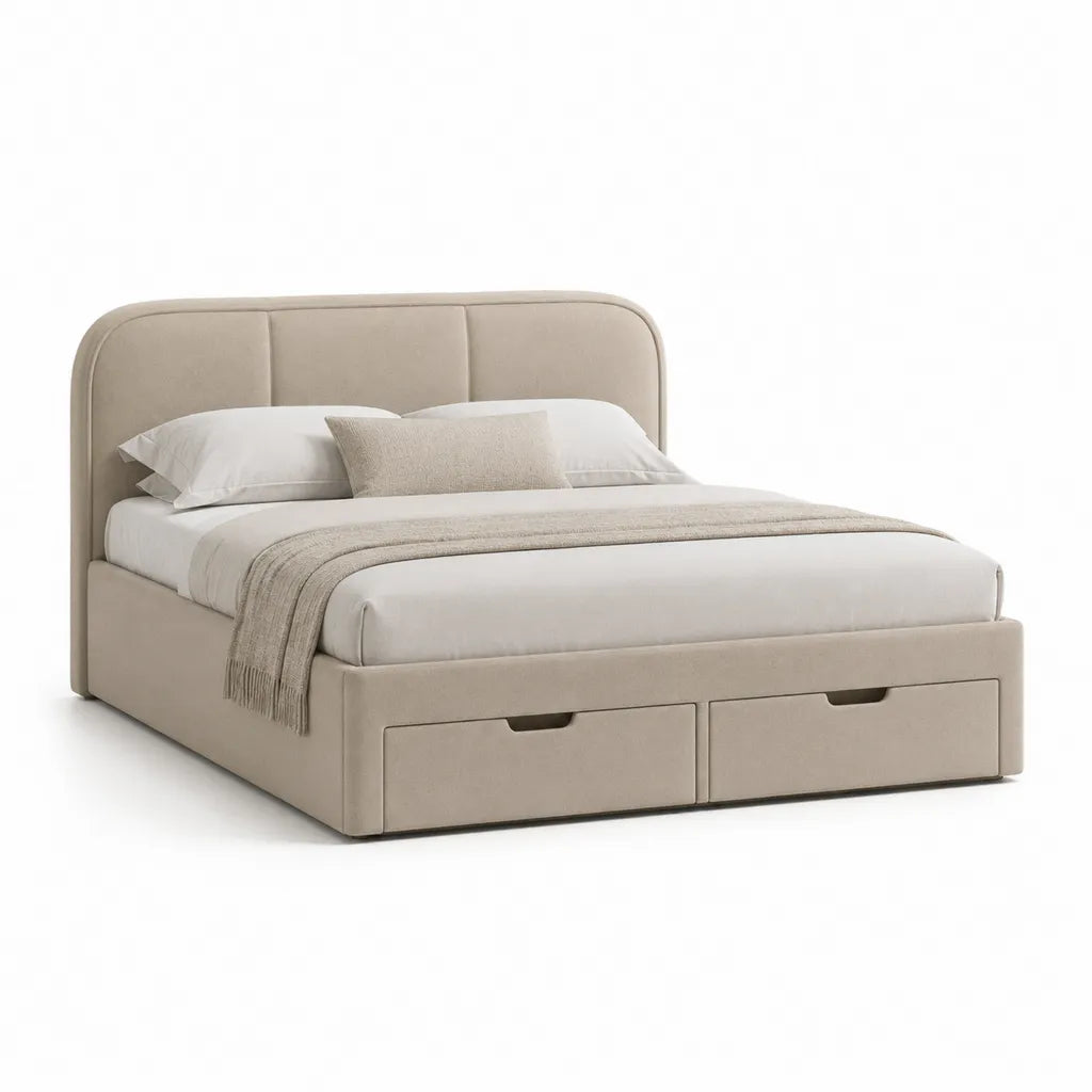 Lit double avec 2 tiroirs de rangement 160 x 200 cm en polyester beige a tete de lit capitonnee arrondie