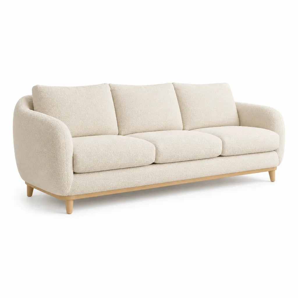 Canape 3 places arrondi en polyester bouclette ecru 220 x 92 x 82 cm