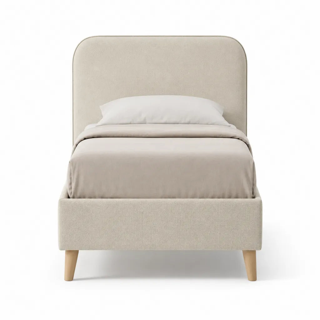 Lit simple capitonne 90 x 190 cm en polyester beige avec pieds en bois massif