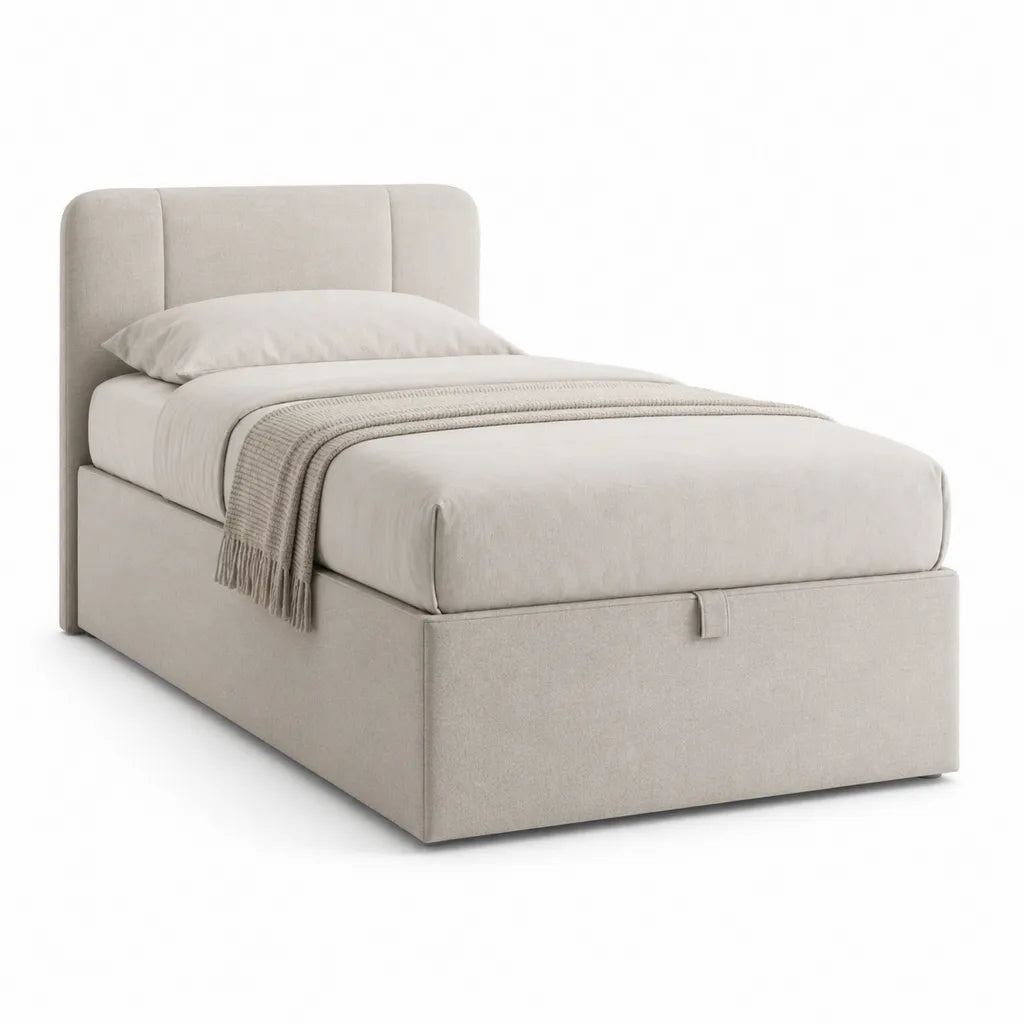 Lit coffre 1 place 90 x 200 cm en polyester beige avec tete de lit capitonnee