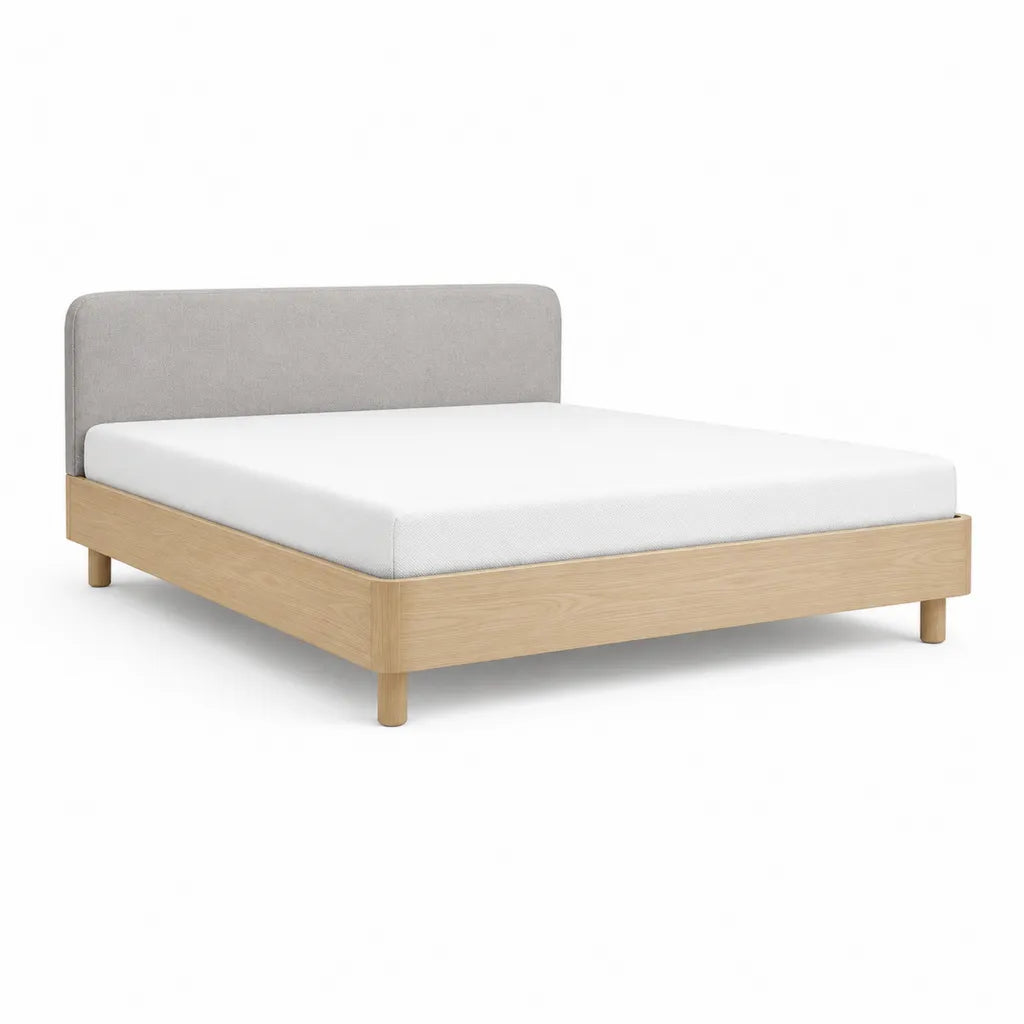 Lit plateforme rectangulaire 160 x 200 cm en MDF plaque chene avec tete de lit en polyester gris