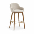Tabouret de bar avec accoudoirs en polyester bouclette beige pieds en bois massif 54 x 55 x 100 cm