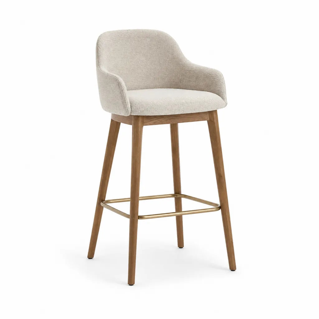 Tabouret de bar avec accoudoirs en polyester bouclette beige pieds en bois massif 54 x 55 x 100 cm