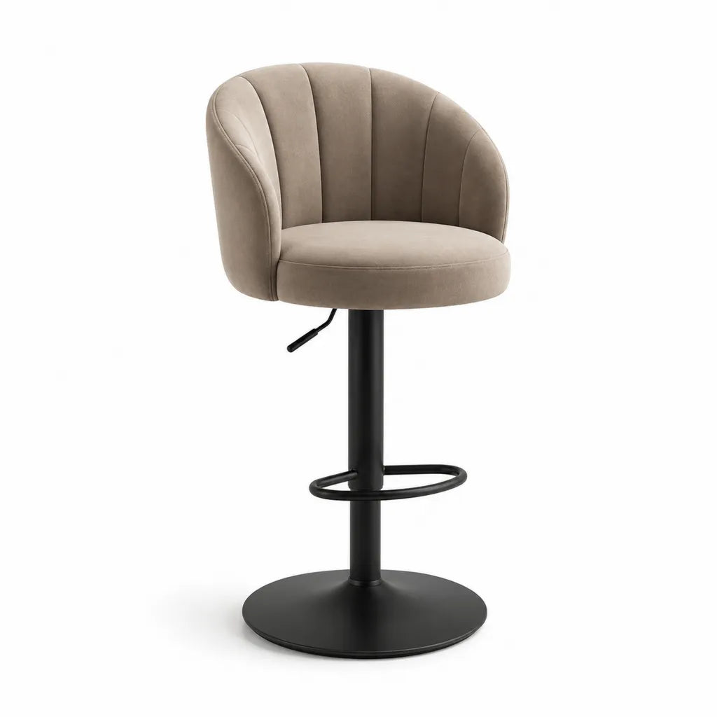 Tabouret de bar reglable pivotant en polyester taupe avec dossier arrondi et pietement noir 54 x 54 x 88-108 cm