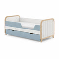 Lit enfant avec barrieres et tiroir 70 x 140 cm en MDF et pin massif rectangulaire bleu clair blanc