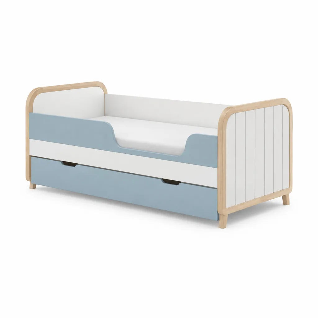 Lit enfant avec barrieres et tiroir 70 x 140 cm en MDF et pin massif rectangulaire bleu clair blanc