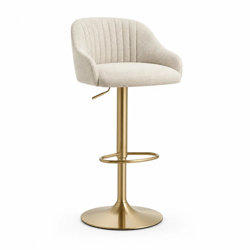 Tabouret de bar reglable pivotant en polyester bouclette ecru et acier dore 52 x 51 x 88-109 cm